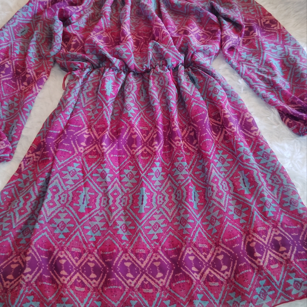 Big Girls Chiffon Aztec Tribal Elastic Waist Long Sleeve Shear A-Line Dress14SZ
